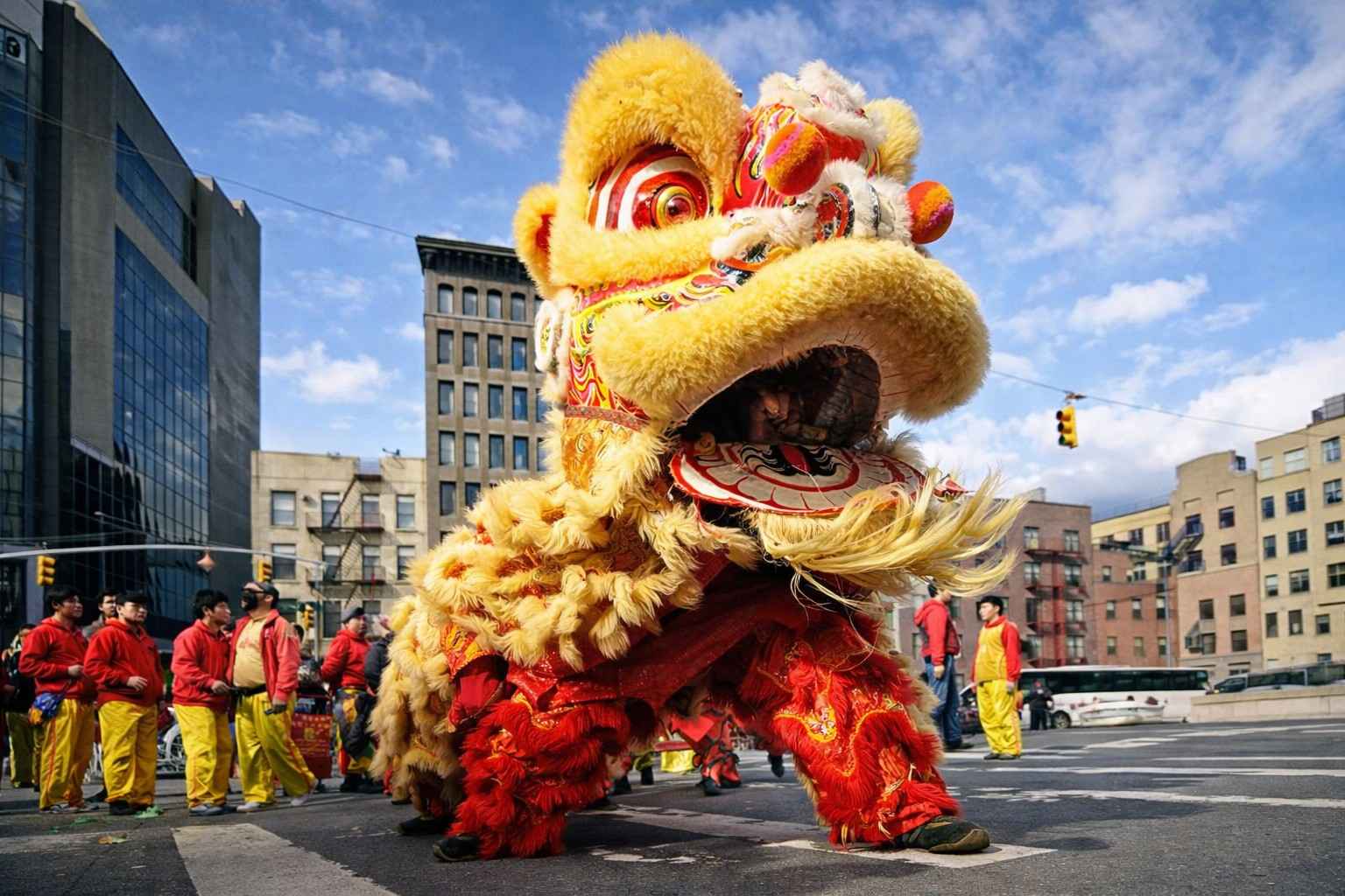 Chinese New Year lion dance parade, Spring Festival street celebration, Lunar New Year cultural performance