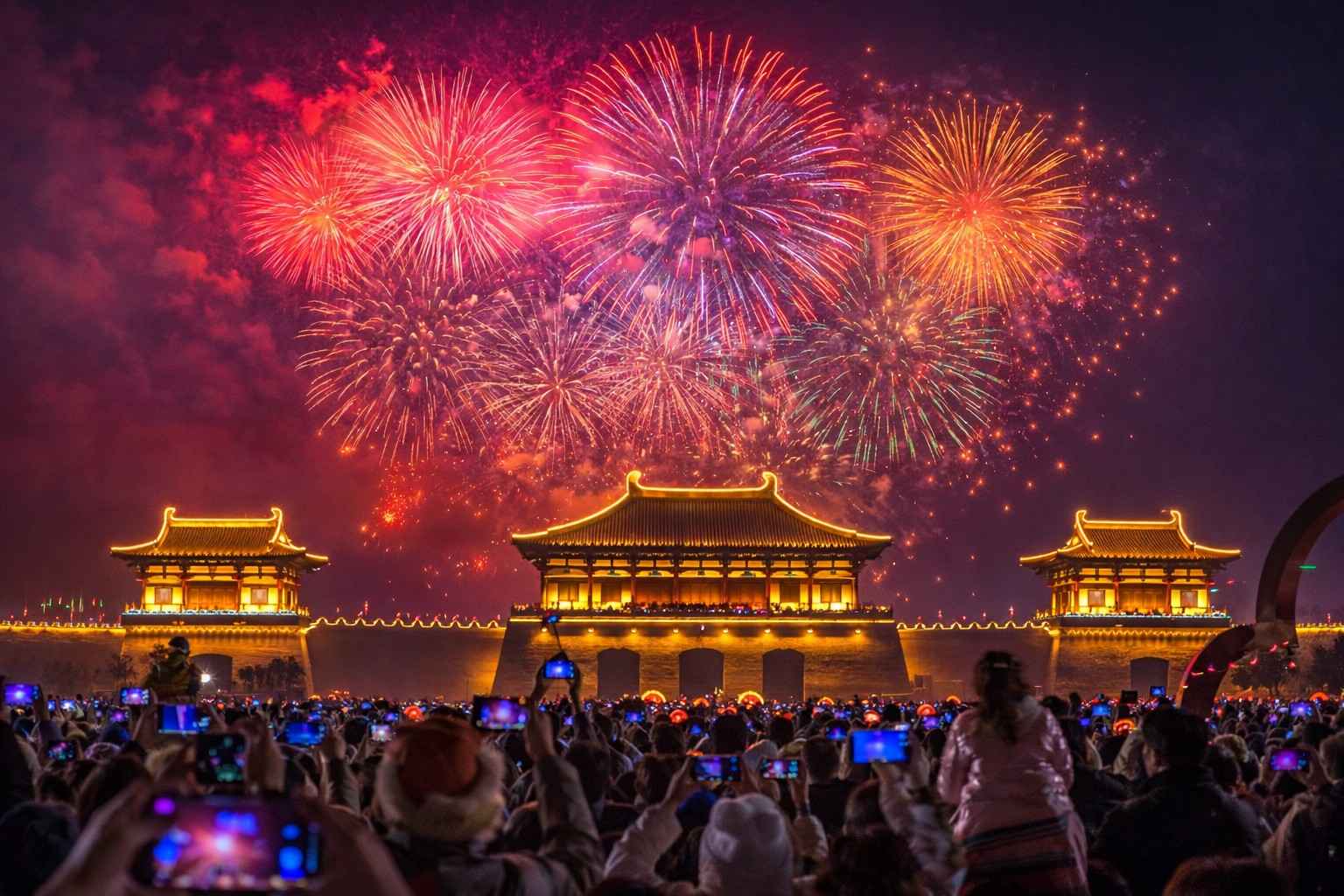 Chinese New Year fireworks celebration, Spring Festival night fireworks, Lunar New Year festival crowd