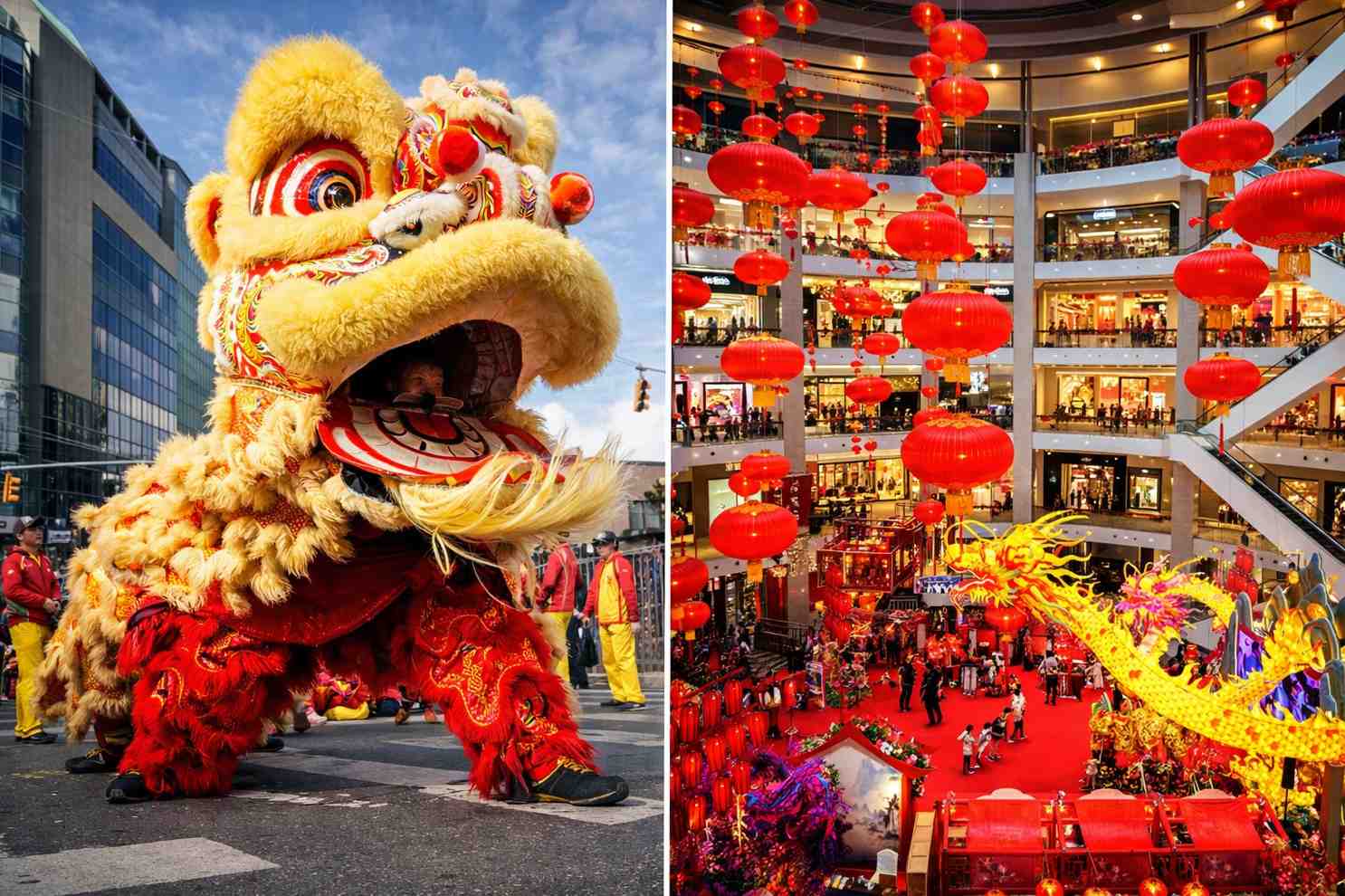 Chinese New Year lion dance performance and red lantern decoration, Spring Festival celebration in shopping mall, Lunar New Year festive event