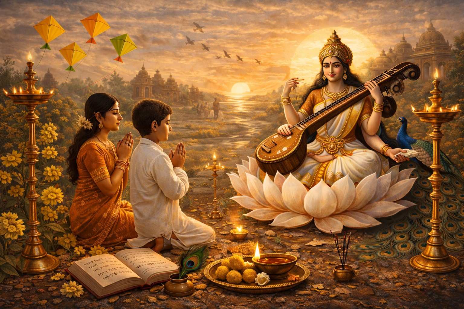 Goddess Saraswati worship on Basant Panchami with children praying, veena, lamps, and yellow flowers