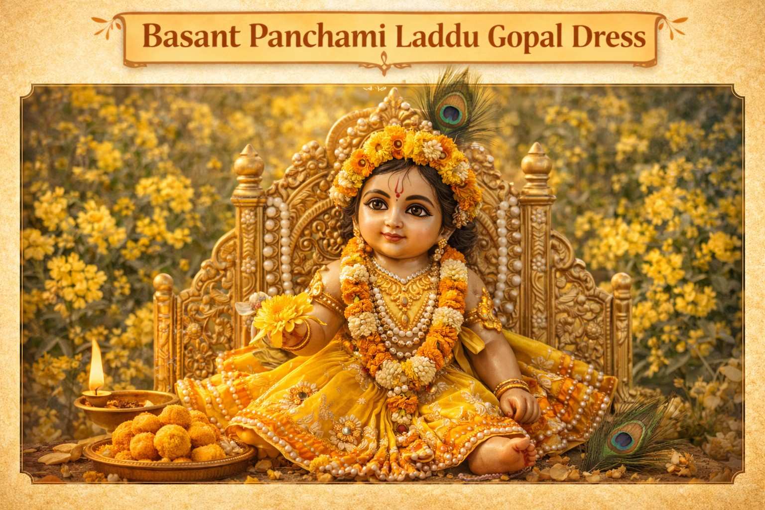 Basant Panchami Laddu Gopal dress in yellow attire, Baby Krishna decorated with flowers and peacock feather