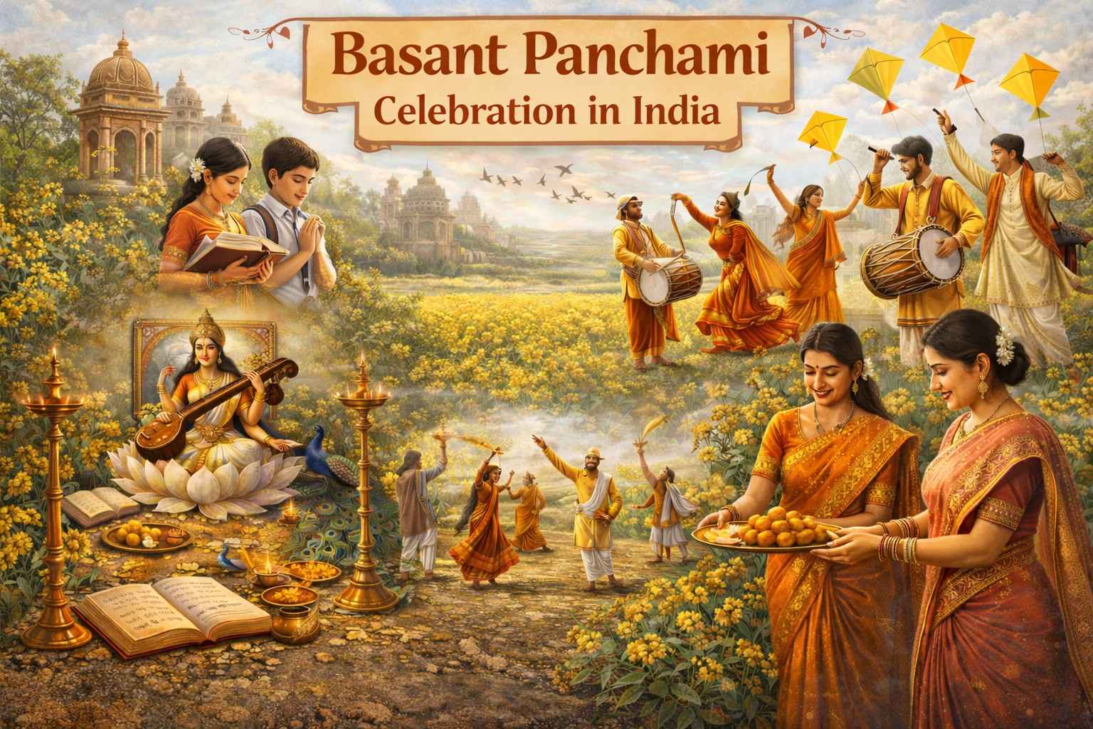 Basant Panchami celebration in India with kite flying, Saraswati Puja, and yellow spring festival theme
