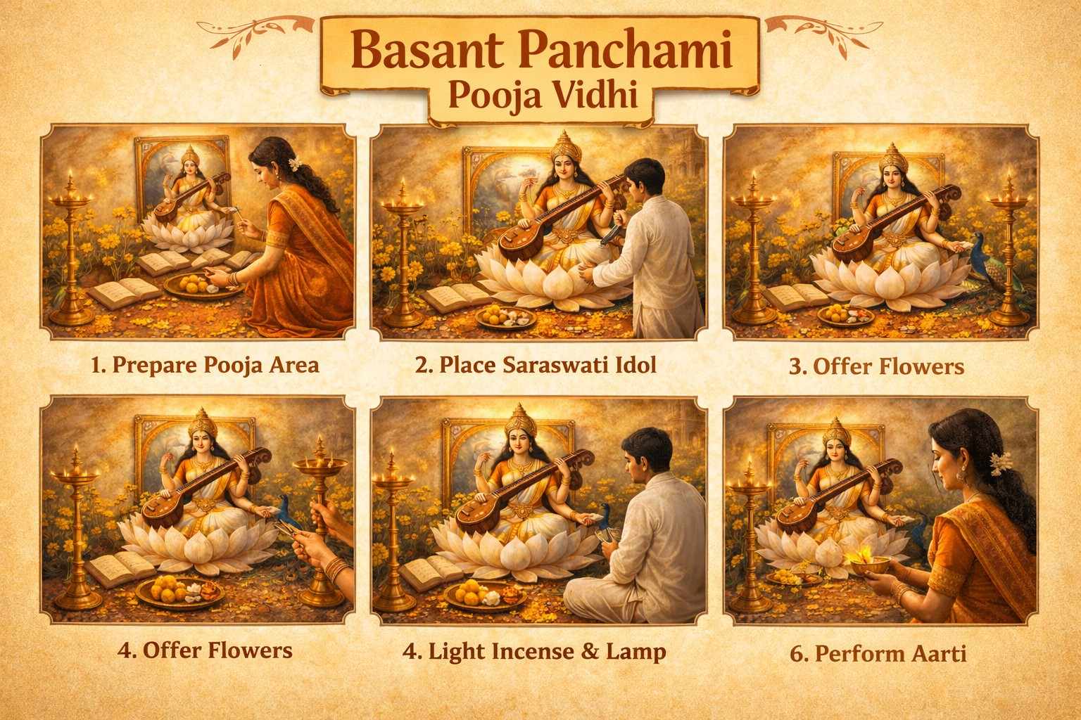 Basant Panchami Saraswati Puja vidhi with flowers, diya, incense, and traditional worship steps