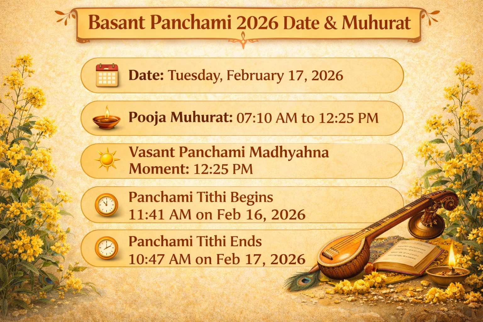 Basant Panchami 2026 date and muhurat details for Saraswati Puja in India