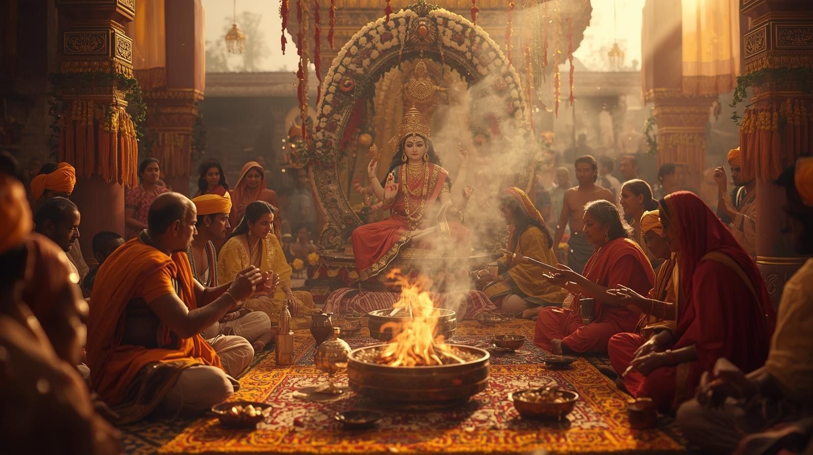Saraswati Puja havan ceremony in temple on Basant Panchami with priests and devotees