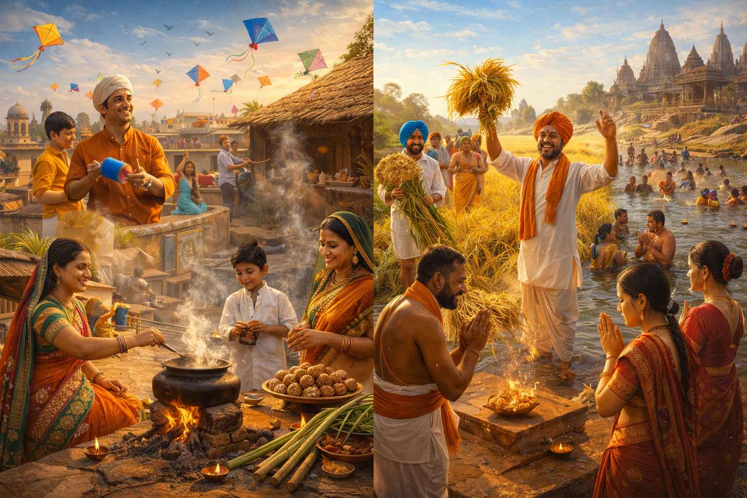 Indian family celebrating Makar Sankranti on the rooftop by flying colorful kites and sharing traditional sweets