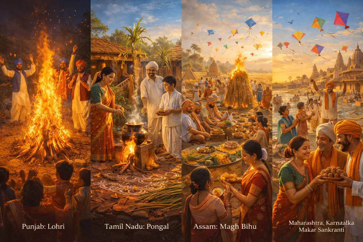 Makar Sankranti celebrations across India including Lohri in Punjab, Pongal in Tamil Nadu, Magh Bihu in Assam, and Sankranti in Maharashtra