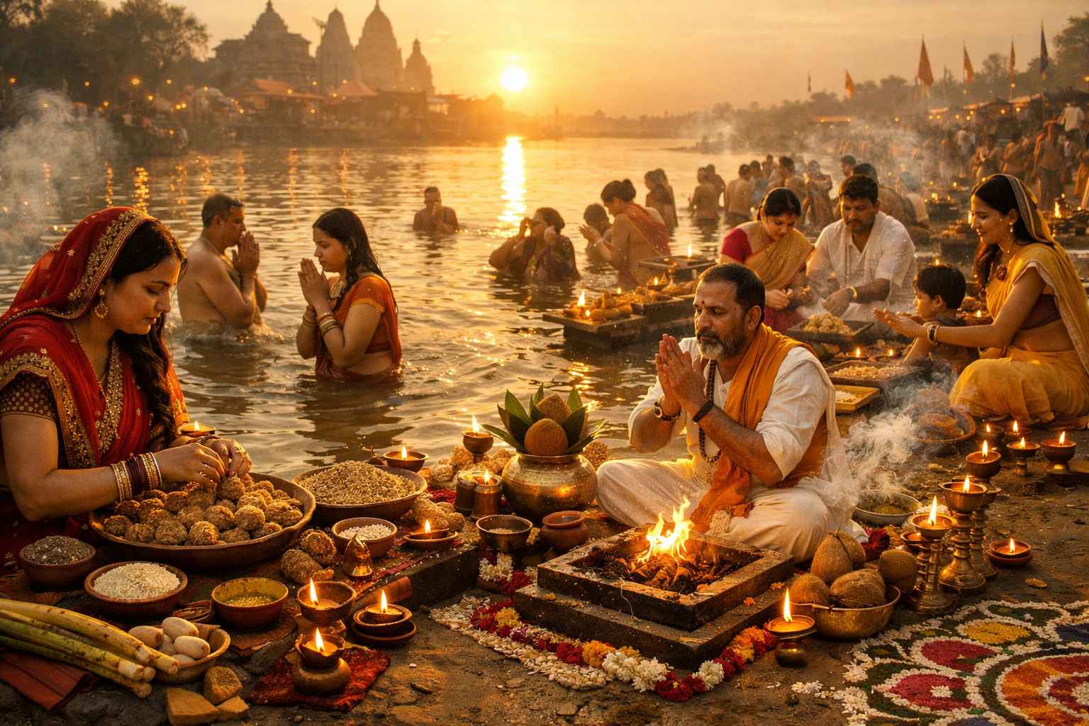 Devotees performing river ritual and havan during Makar Sankranti while offering prayers to the Sun God