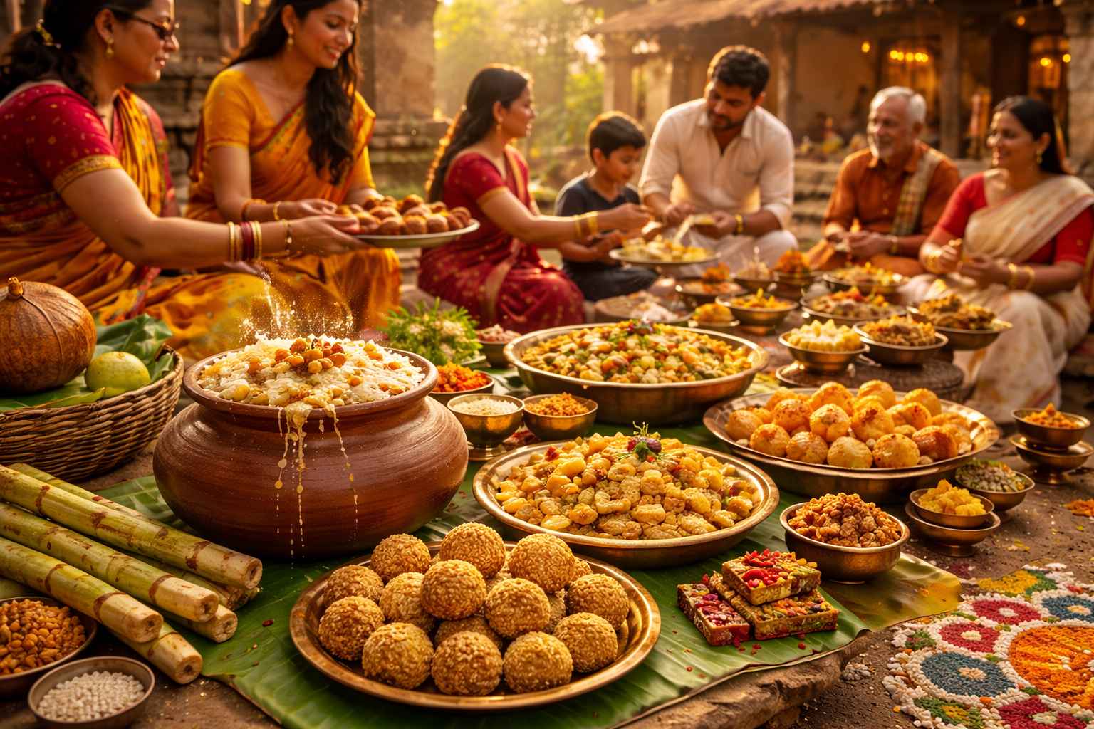 Traditional Makar Sankranti feast with sesame laddoos, rice dishes, sugarcane, and festive Indian food