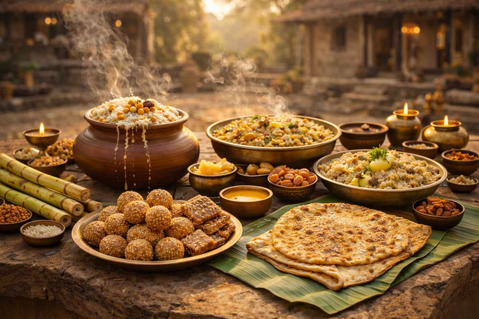 Makar Sankranti traditional food platter featuring tilgul laddoos, jaggery sweets, rice, and festive dishes