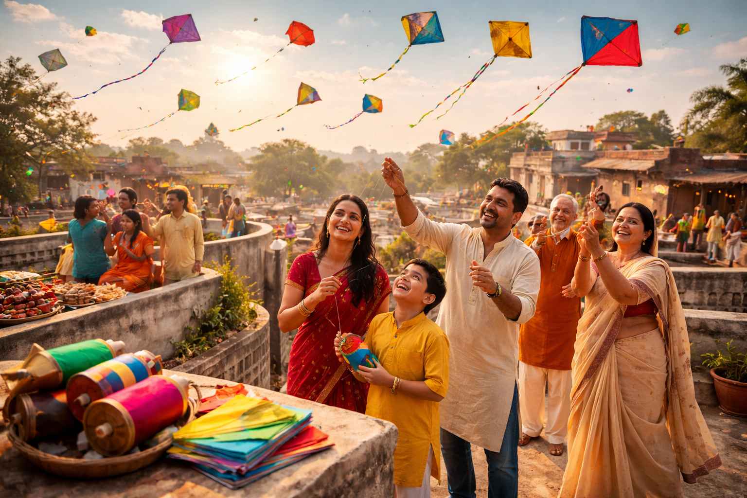 Happy family flying colorful kites together during Makar Sankranti celebration in India