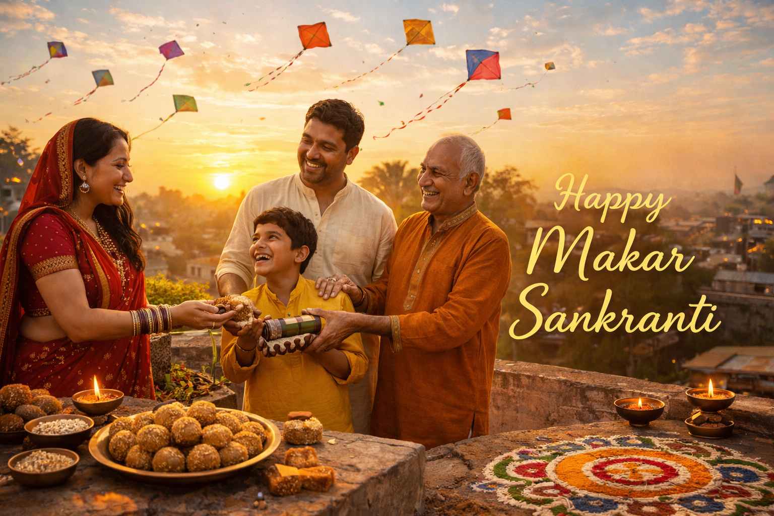 Happy Makar Sankranti greeting with Indian family sharing tilgul sweets at sunset