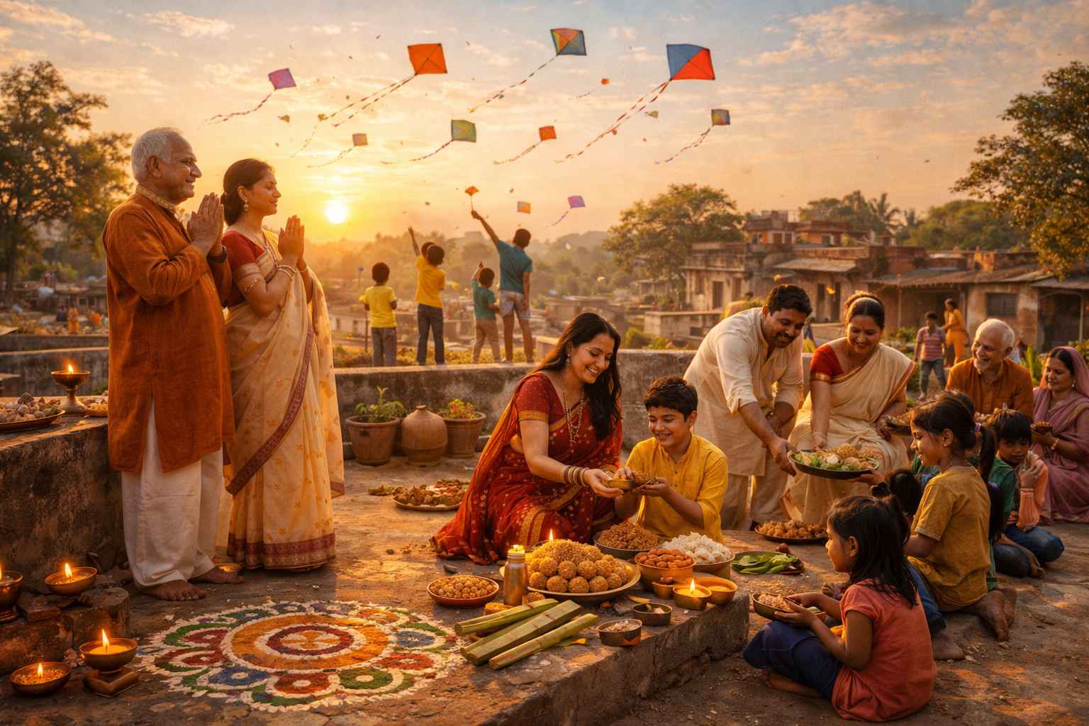 Indian family performing puja and distributing food to children on Makar Sankranti festival