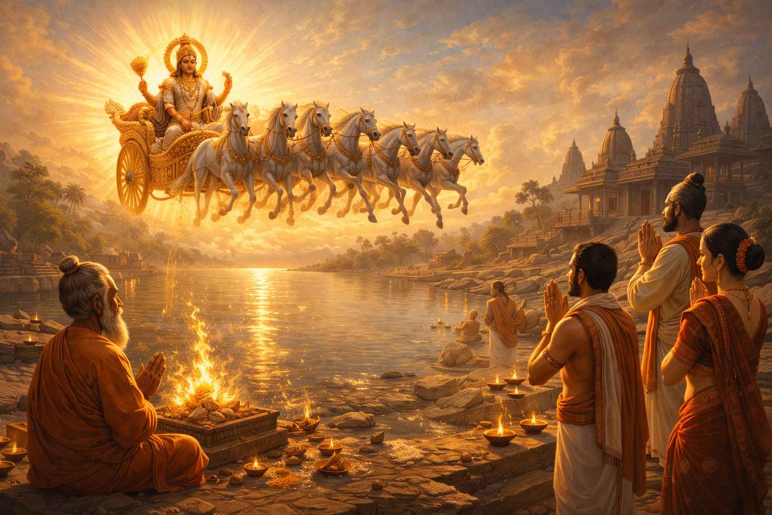 Traditional Indian Makar Sankranti festival showing Sun worship, festive food, and family togetherness