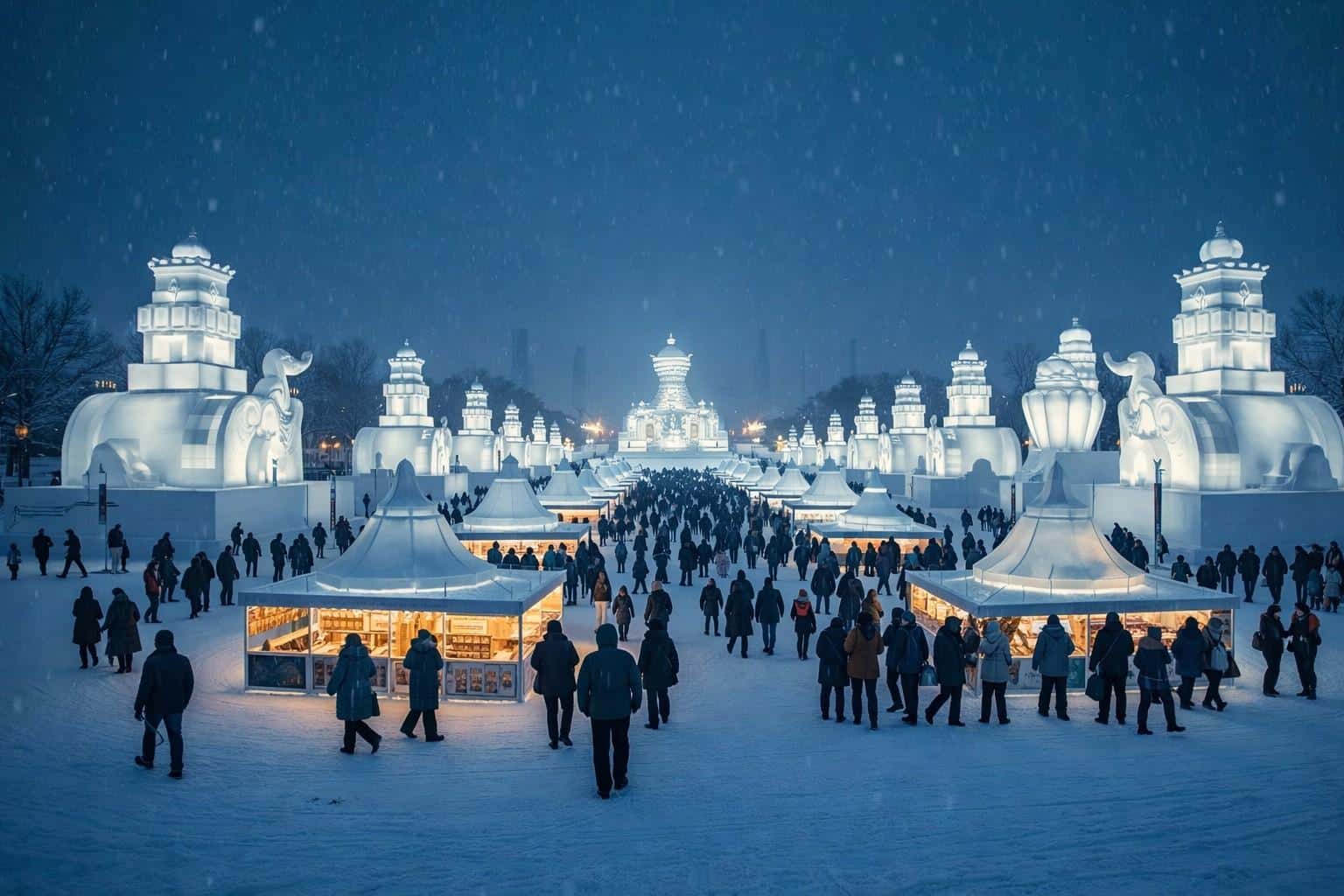 Night view of illuminated snow sculptures and food stalls at the Sapporo Snow Festival in Hokkaido, Japan