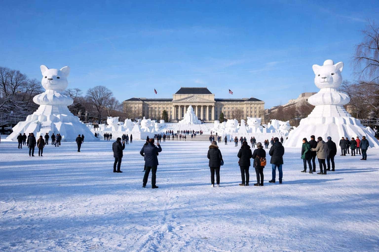 Large snow sculptures displayed in an open park during the Sapporo Snow Festival with visitors exploring the site