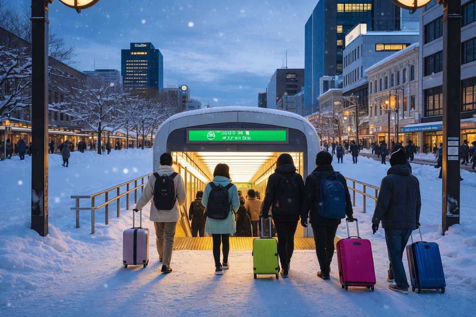 Tourists entering Odori subway station in snowy Sapporo while visiting the Sapporo Snow Festival