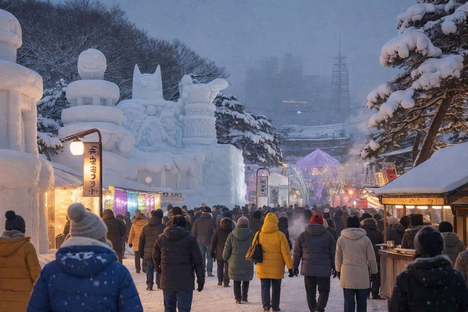 Crowded evening street with snow sculptures, food stalls, and snowfall at the Sapporo Snow Festival